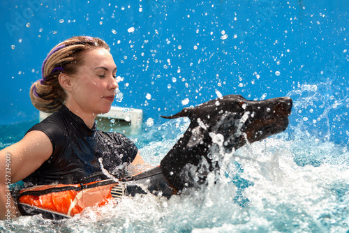 Schilderij op canvas Dog in life jacket swim in the swimming pool with coach