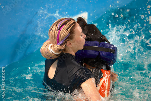 Schilderij op canvas Dog in life jacket swim in the swimming pool with coach