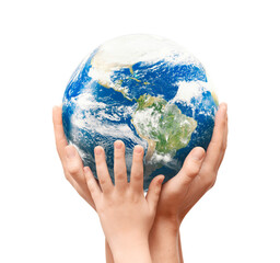 Earth globe in family hands. World environment day concept. Elements of this image furnished by NASA