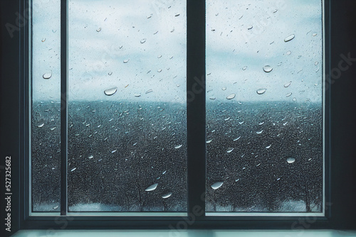 3D Render digital art painting of raining outside the window with selective focused and blurred