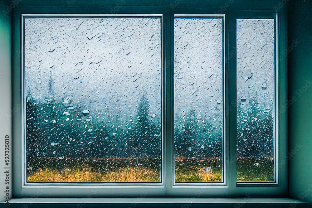 3D Render digital art painting of raining outside the window with selective focused and blurred