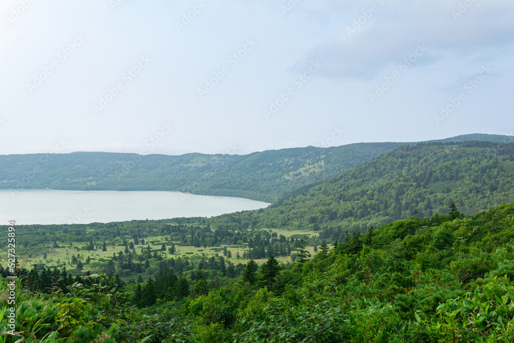 natural landscape of Kunashir island, view of the Golovnin volcano caldera with hot lakes natural landscape of Kunashir island, view of the Golovnin volcano caldera with hot lakes