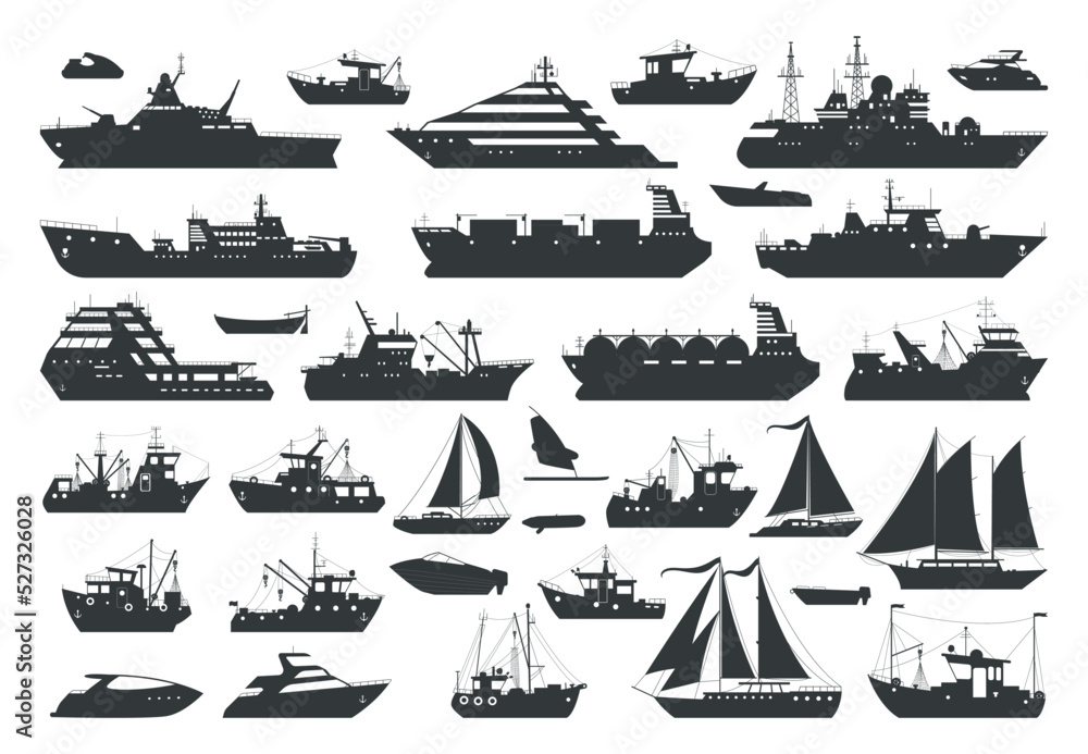 Cartoon ships, sea travel boats and sailboats silhouettes. Industrial ...