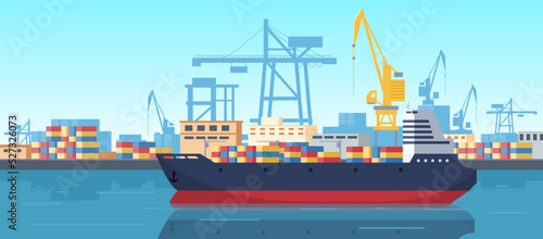 Foto Cartoon cargo dock, industrial sea shipping port