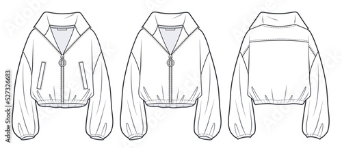 Unisex Crop Sweatshirt technical fashion Illustration.  Oversize zip-up Jacket fashion flat technical drawing template,  front and back view, white colour, women, men, unisex CAD mock-up, set.