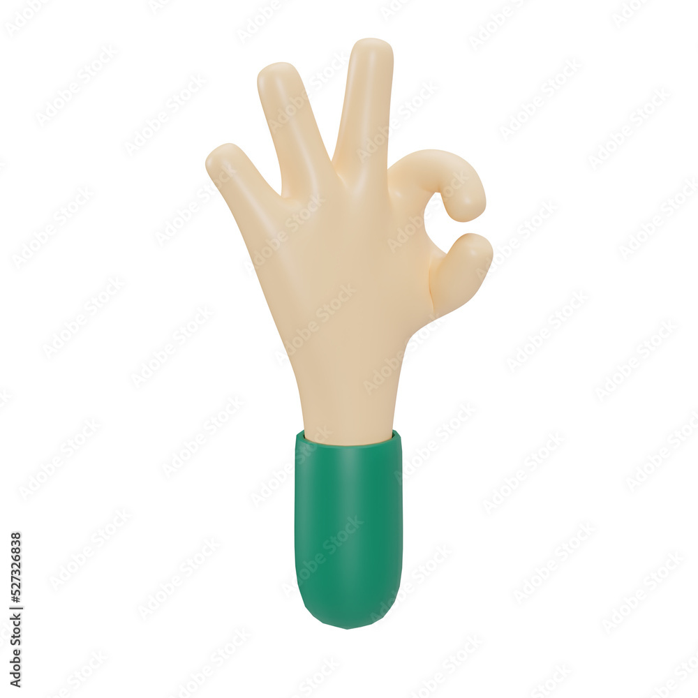 Hand Gestures 3D cartoon commercial style, Green hand signs for communication. Transparent isolated.