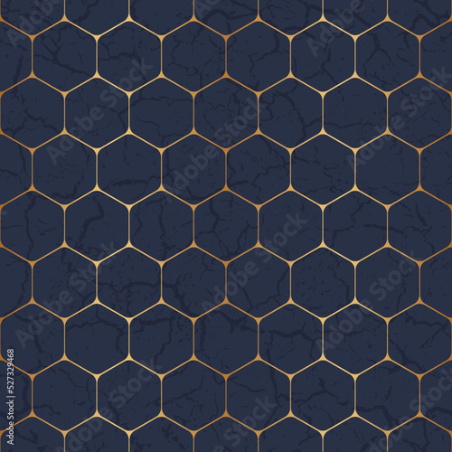Marble seamless pattern. Reflected hexagon background. Gold geometric design for prints. Reflecting geometry patern. Elegant golden printing. Repeat abstract printed. Blue lattice. Vector illustration