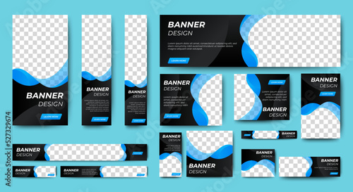 Web banner template design set layout with photo and text space. Black and blue. Business advertising set design template. Vertical, horizontal, square banners standard size.