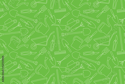 green seamless pattern with gardening tools- vector illustration