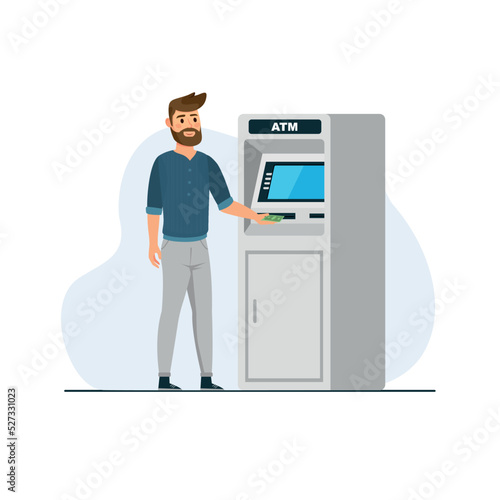Man standing near ATM holding cash isolated on white background. Man using ATM machine. Banking service concept. Vector stock