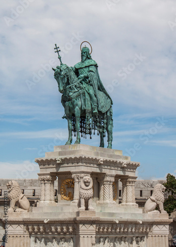 Canvas Print Fisherman Bastion Square with a bronze equestrian statue of St
