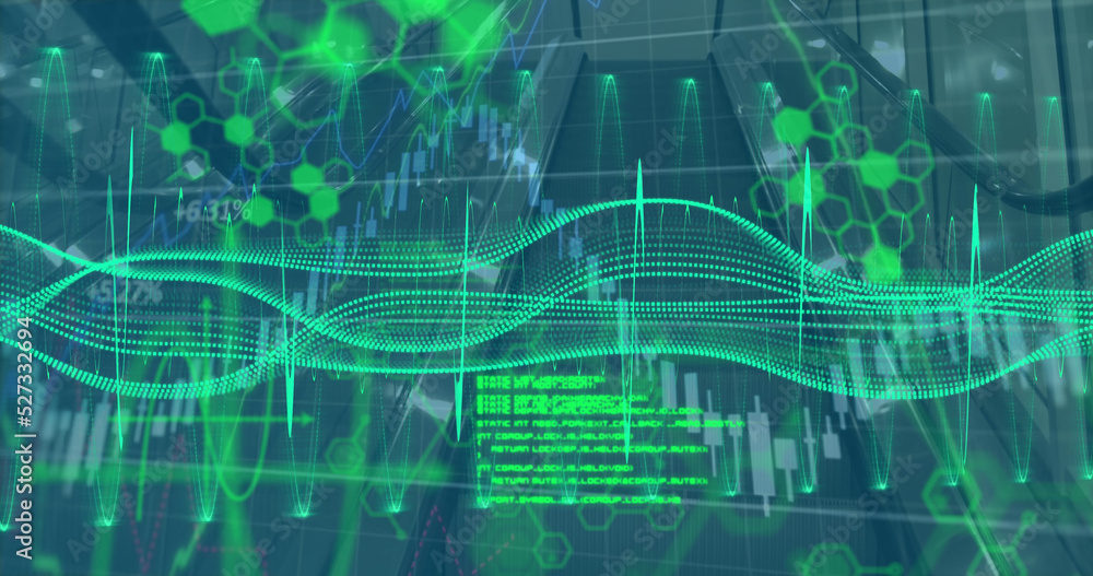 Image of digital programming language with graphical hexagonal shaped and moving wave patterns