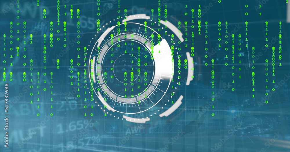 Obraz premium Image of scope scanning with interface, binary codes, graphs moving over trading board