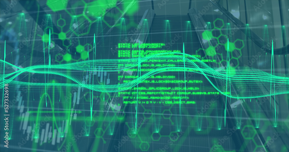 Image of digital programming language with graphical hexagonal shaped and moving wave patterns Image of digital programming language with graphical hexagonal shaped and moving wave patterns