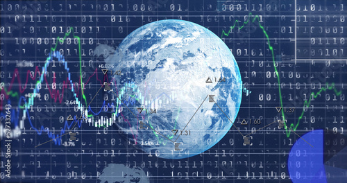 Image of globe, binary code, graphs and financial data on digital screen