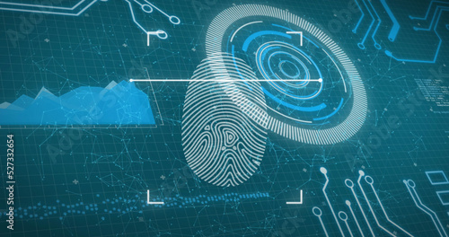 Image of biometric fingerprint scanner over interface with data processing on blue background