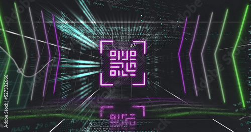 Image of pink qr code, neon lights and data processing on black background