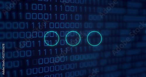 Image of neon circles over binary code on digital screen