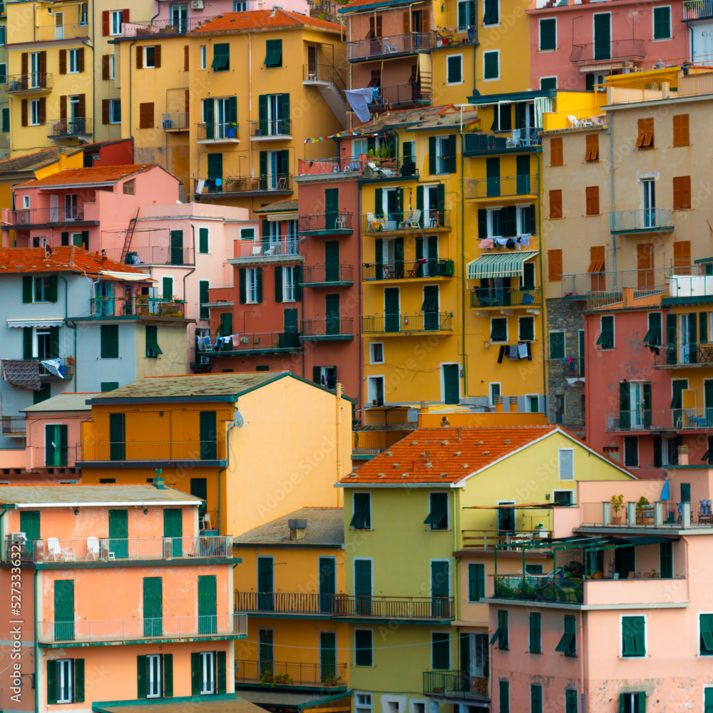 Typical Colorful Houses of Cinque Terre and Liguria in Italy, Town of Manarola, Close-Up Format 1:1 perfect for Instagram
