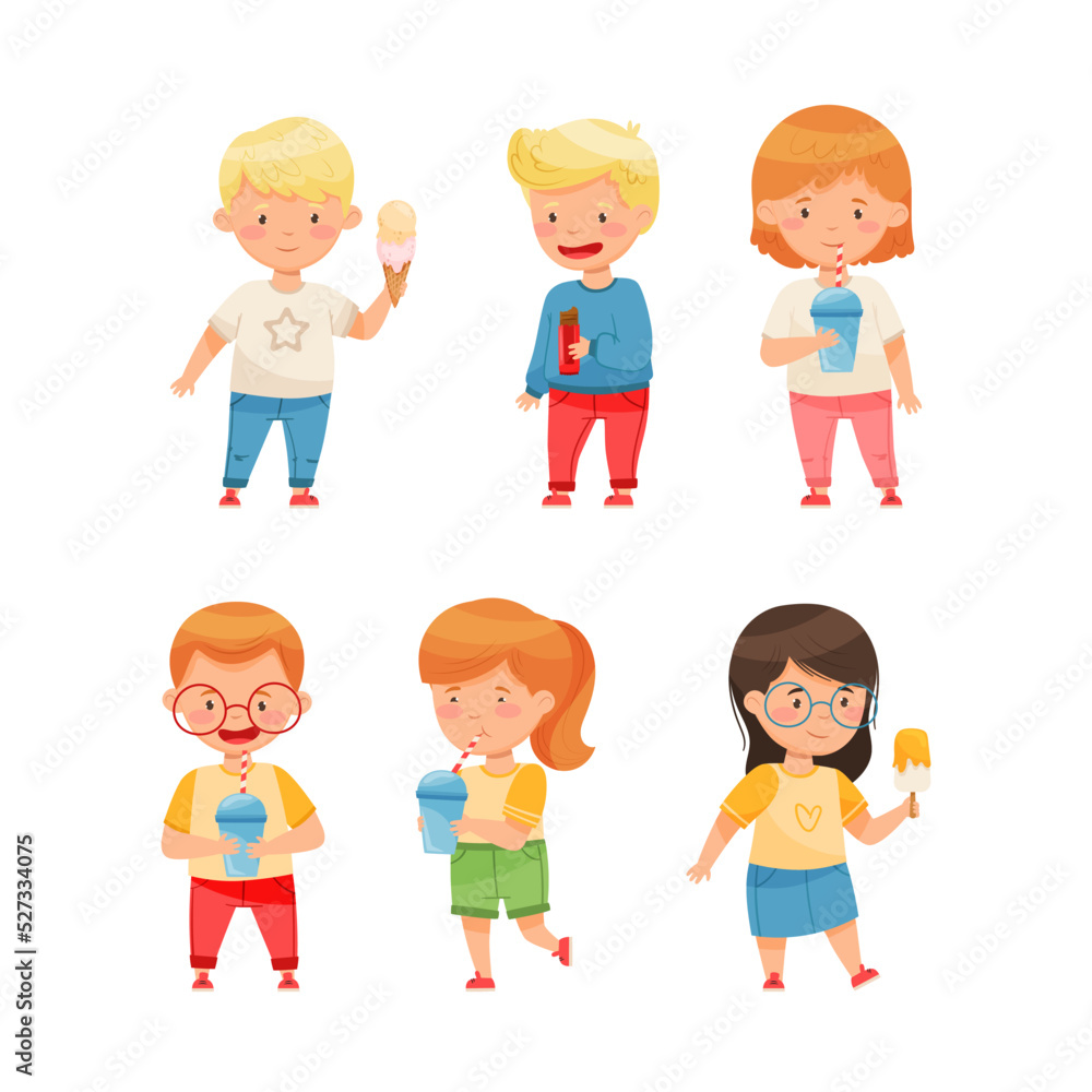 Cute Kids Standing and Holding Sweets and Sugary Treats Vector Set