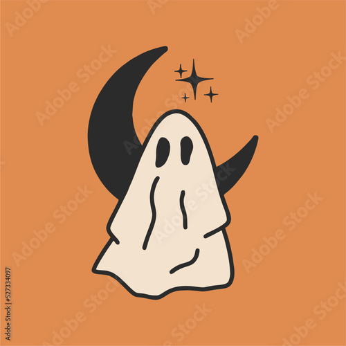 Cute ghost and half moon. Halloween illustration in retro style. Flat vector illustration, hand drawn cartoon.