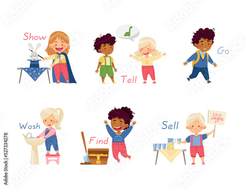 Funny Kids Engaged in Different Activities Demonstrating Verb Vector Set