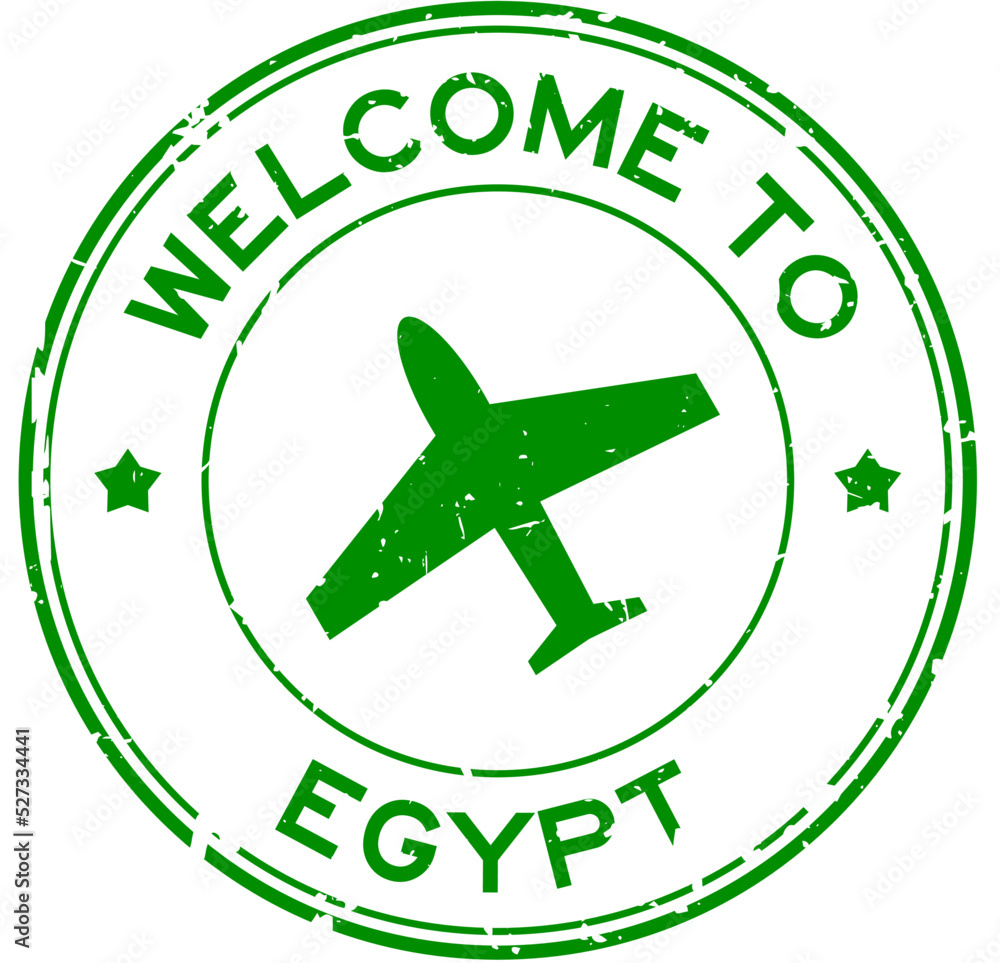 Grunge green welcome to Egypt word with airplane icon round rubber seal stamp on white background Grunge green welcome to Egypt word with airplane icon round rubber seal stamp on white background
