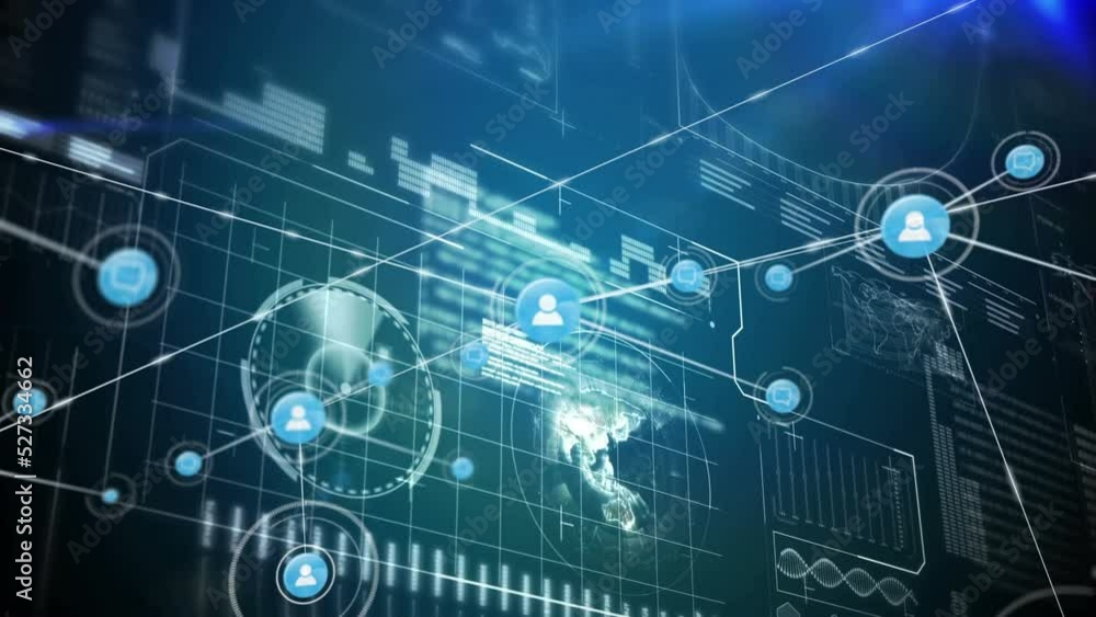 Animation of network of connections with icons and network of connections on blue background Animation of network of connections with icons and network of connections on blue background
