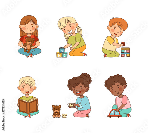Little Kids in Kindergarden Playing and Doing Different Activity Vector Set
