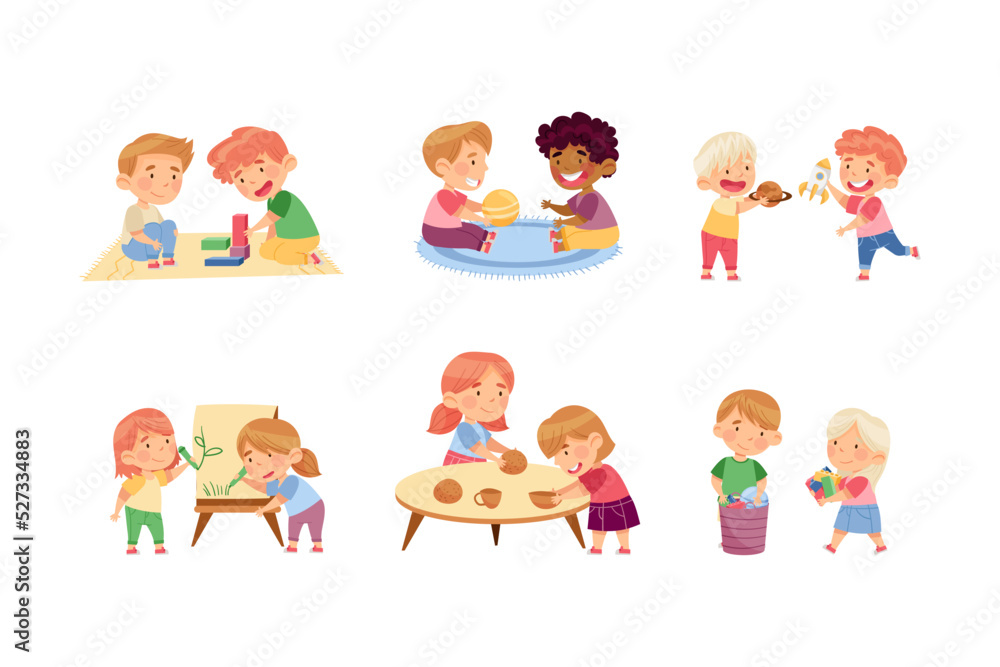 Little Kids in Kindergarden Playing and Doing Different Activity Vector Set