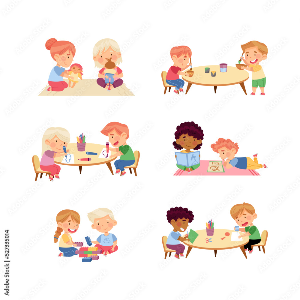 Little Kids in Kindergarden Playing and Doing Different Activity Vector Set Little Kids in Kindergarden Playing and Doing Different Activity Vector Set
