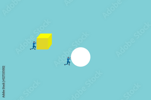 business men pushing different solid shape. concept of advantage and competition.
