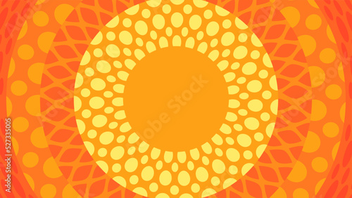 Fond décoratif, format 16:9, cercles de couleur orange avec motifs géométriques, style dynamique et joyeux, background pour site internet web, place pour texte au centre