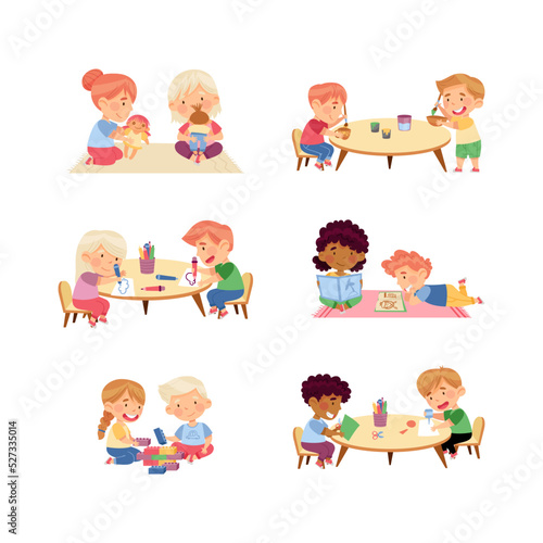 Little Kids in Kindergarden Playing and Doing Different Activity Vector Set