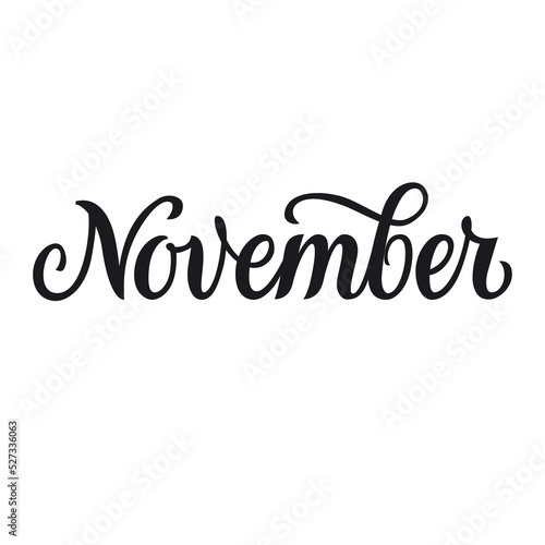Handwriting Vector Calligraphic Letter. Lettering autumn month typography. November. Ink illustration vintage brush. Word for calendar, bullet journal, monthly organizer. Isolated on white background