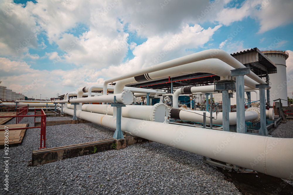 Steel long pipes and pipe elbow in station oil factory during refinery Petrochemistry industry Steel long pipes and pipe elbow in station oil factory during refinery Petrochemistry industry