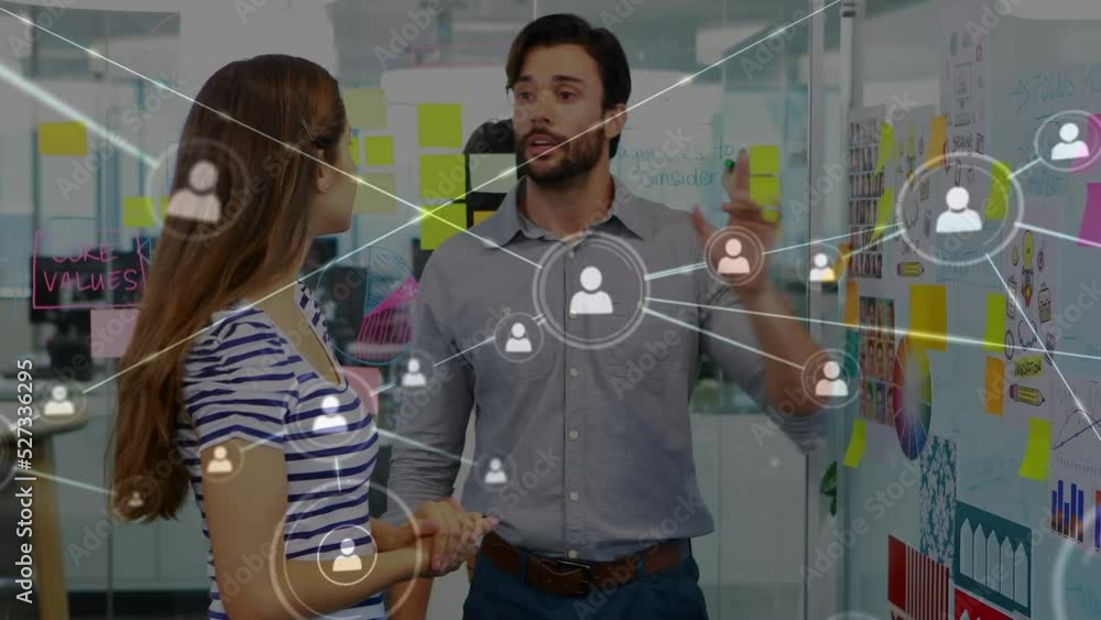 Animation of networks of connections with icons over female teacher and female teacher