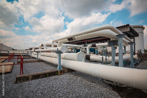 Steel long pipes and pipe elbow in station oil factory during refinery Petrochemistry industry