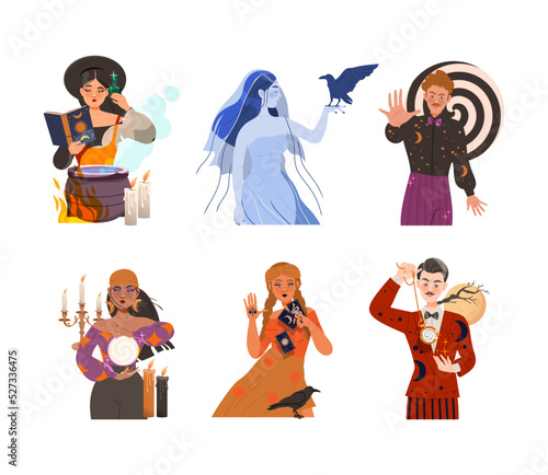Man and Woman Fortune Teller, Psychic and Hypnotist Predicting Future and Performing Occult Ritual Vector Illustration Set