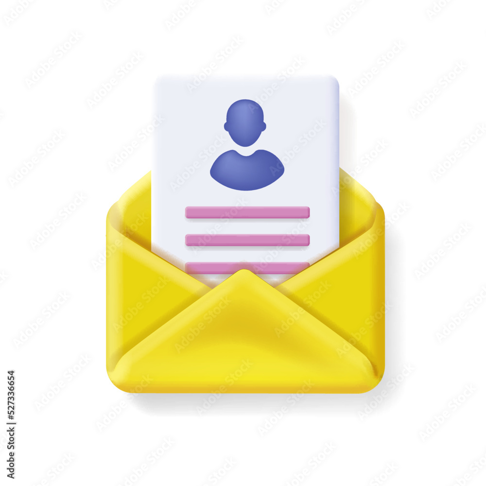 Open envelope with a CV. Job search, employment concept, resume e-mail. Employment offer 3d icon Open envelope with a CV. Job search, employment concept, resume e-mail. Employment offer 3d icon
