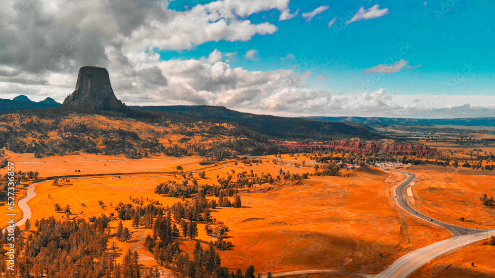 Aerial view of Devils Tower surrounding countryside in summer season, Wyoming