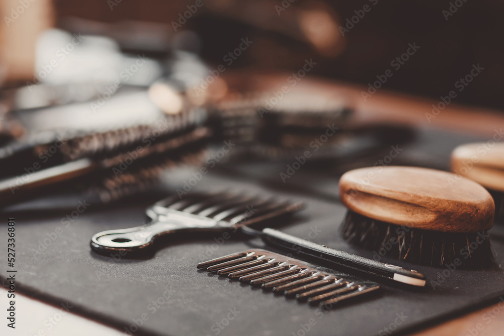 Brush and razor for shaving beard. Concept background of hair salon men, barber shop, vintage color Brush and razor for shaving beard. Concept background of hair salon men, barber shop, vintage color