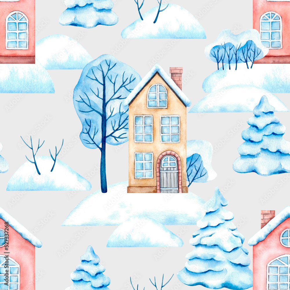 Winter landscape with snow-covered houses and trees on a gray background. Seamless hand-drawn watercolor drawing. Design for fabric, packaging, wrapping paper.