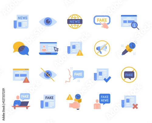 Set of Fake News Related Colorful Icons. Propaganda, disinformation and lies in newspapers, messages and TV shows. Design elements for apps. Cartoon flat vector collection isolated on white background