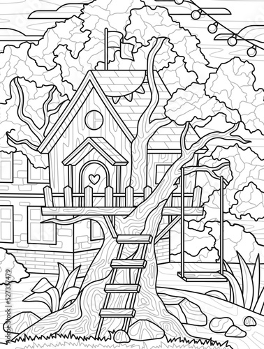Design for coloring book. Tree house in backyard for young children. Entertainment and antistress for adults and kids. Black and white template. Cartoon flat vector illustration in Zen tangle style