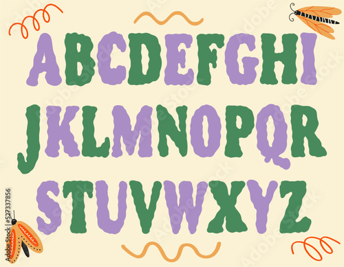 A funky, 1960s psychedelic boho style funky floating groovy typeface. Ideal for posters, collages, clothing, music albums and more.