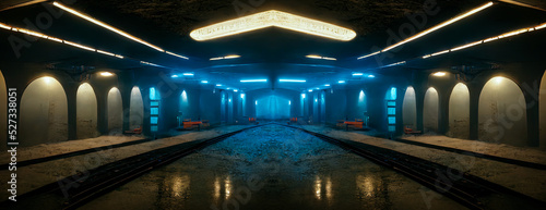 Dark underground long corridor, tunnel with neon light. 3D illustration.