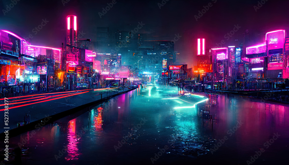 Neon night city of the future. Night panorama of the city, neon light, lights of a large metropolis, high-rise buildings. 3D illustration	
