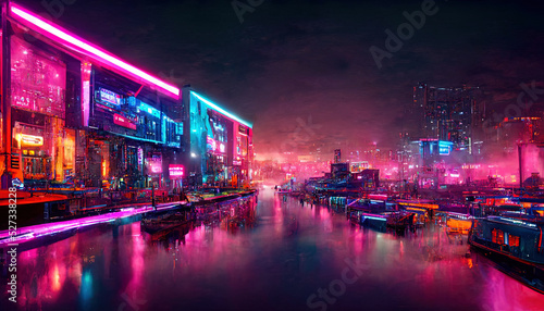 Neon night city of the future. Night panorama of the city, neon light, lights of a large metropolis, high-rise buildings. 3D illustration © Terablete