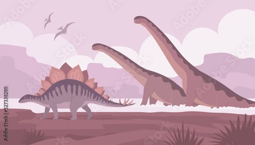Big sauropods and stegosaurus. Lizards bathe in water. Herbivorous dinosaur of the Jurassic period. Prehistoric pangolin. Science paleontology. Wild landscape. Vector cartoon illustration